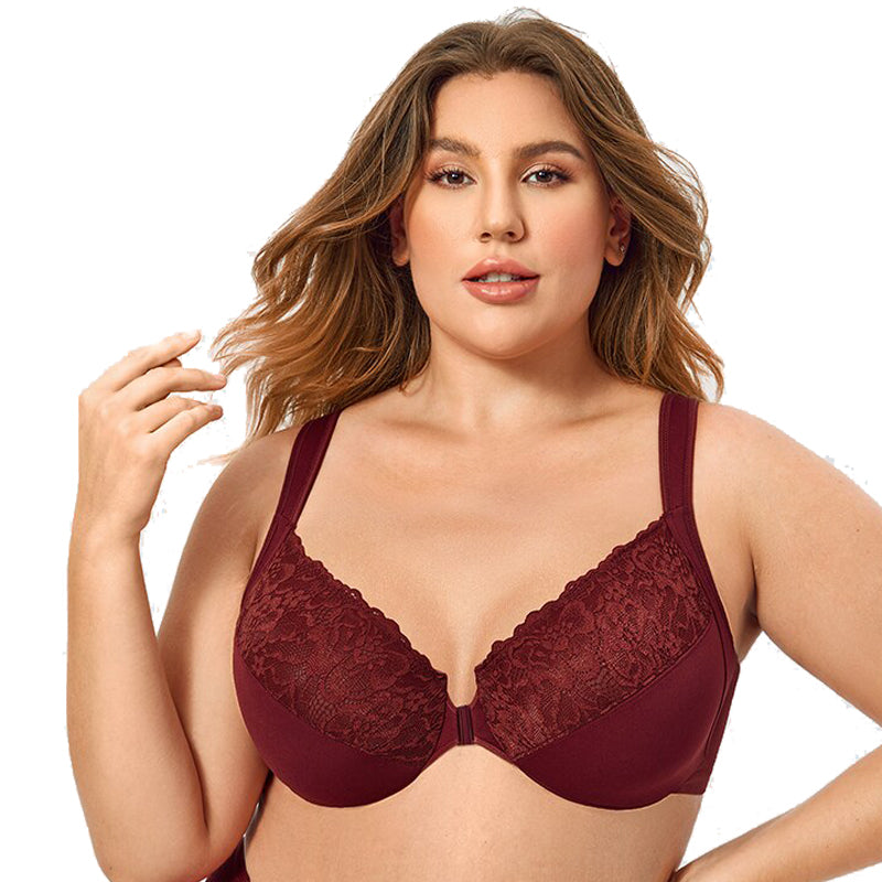  Womens Full Coverage Underwired Floral Lace Bra Plus Size  Non Padded Comfort Bra 44D Wine Red