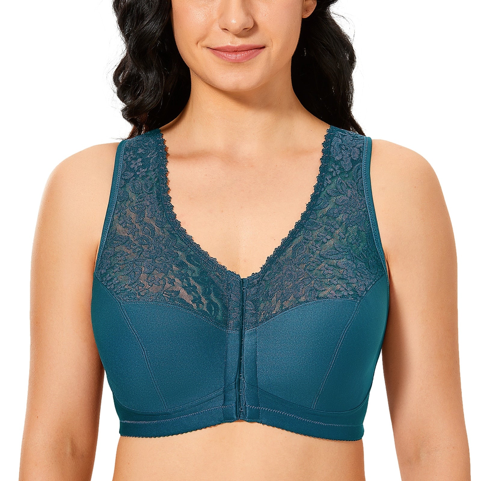 Women's Front Closure Bra Full Cup Wirefree Racerback Lace Plus