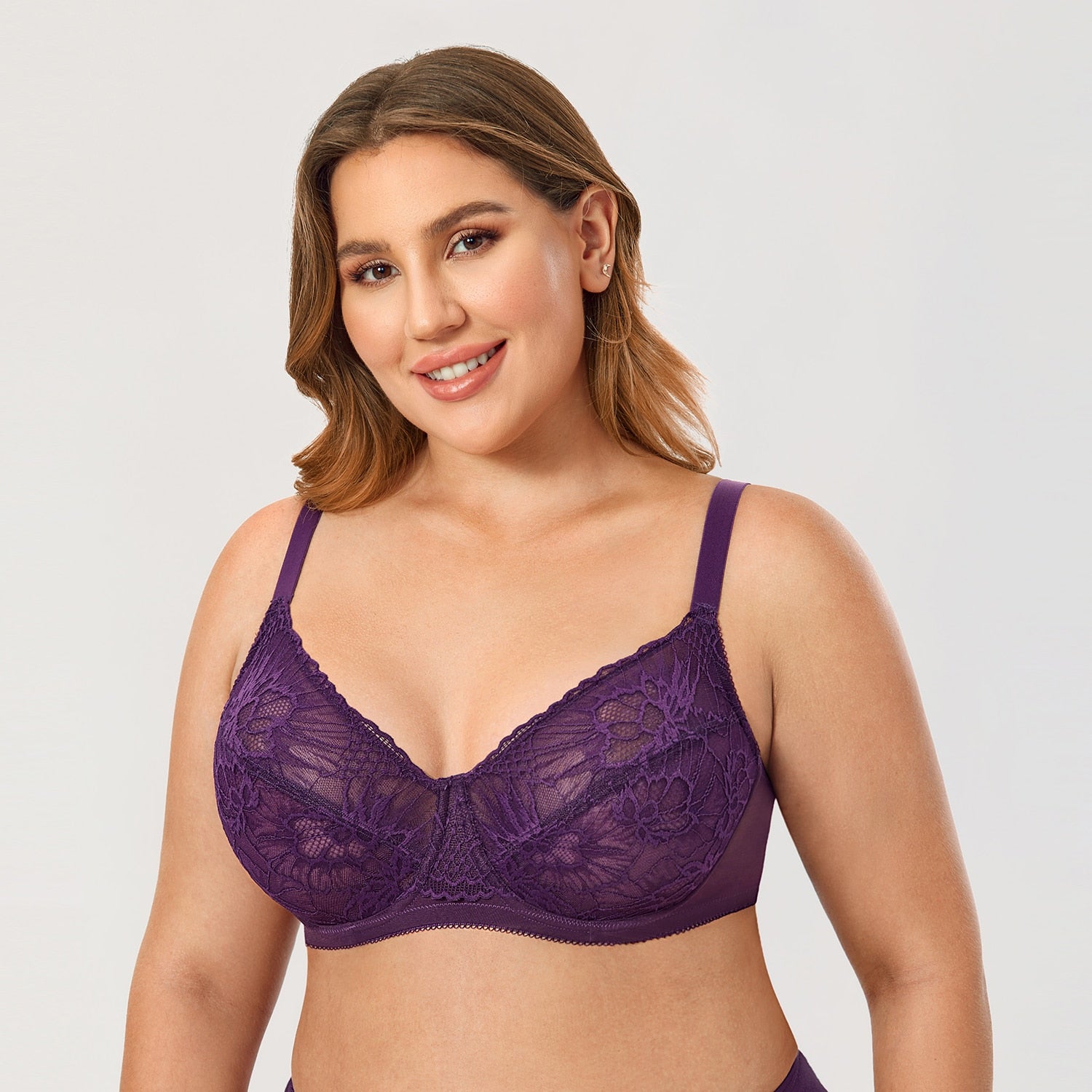  Womens Plus Size Bras Full Coverage Lace Underwire Unlined  Bra Eggplant 44G